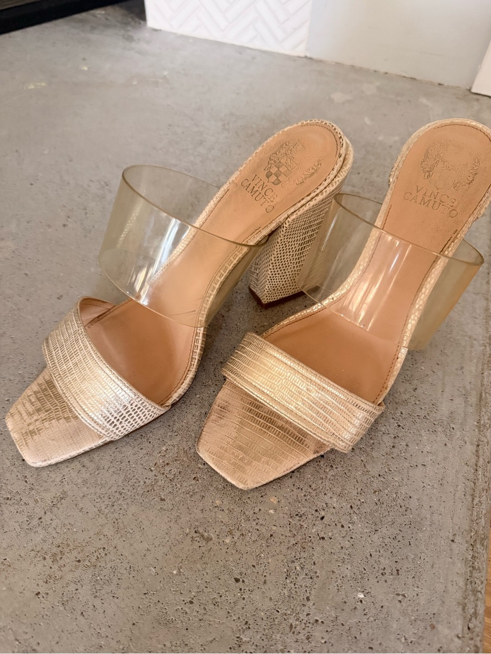 Vince Camuto Metallic Gold Clear Strap Block Heel Mules
